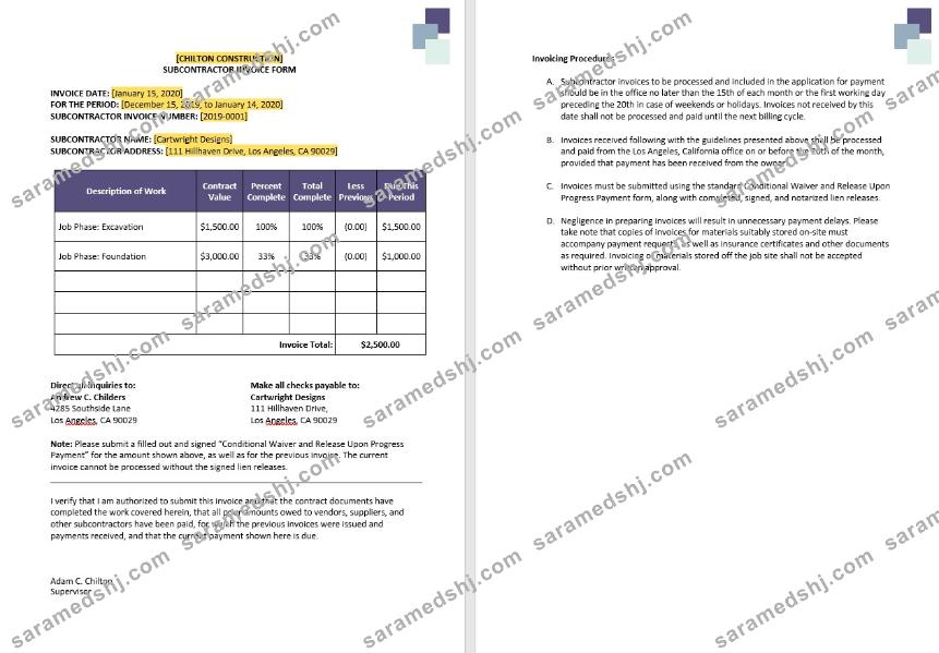Construction Subcontractor Invoice Template